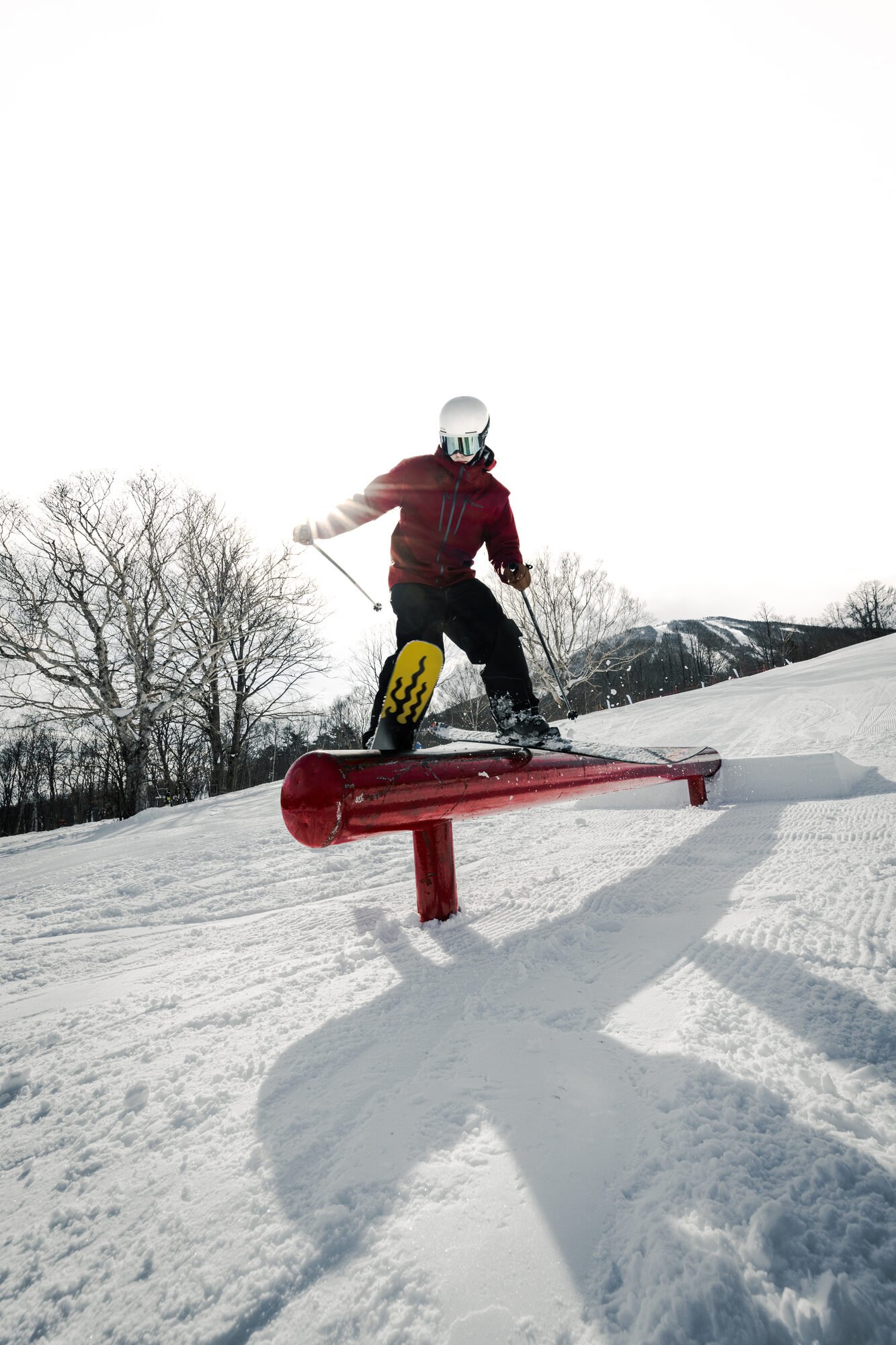 Backlit skier sliding a rail